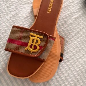Brown, Tan & Red TB Logo Slide sandals